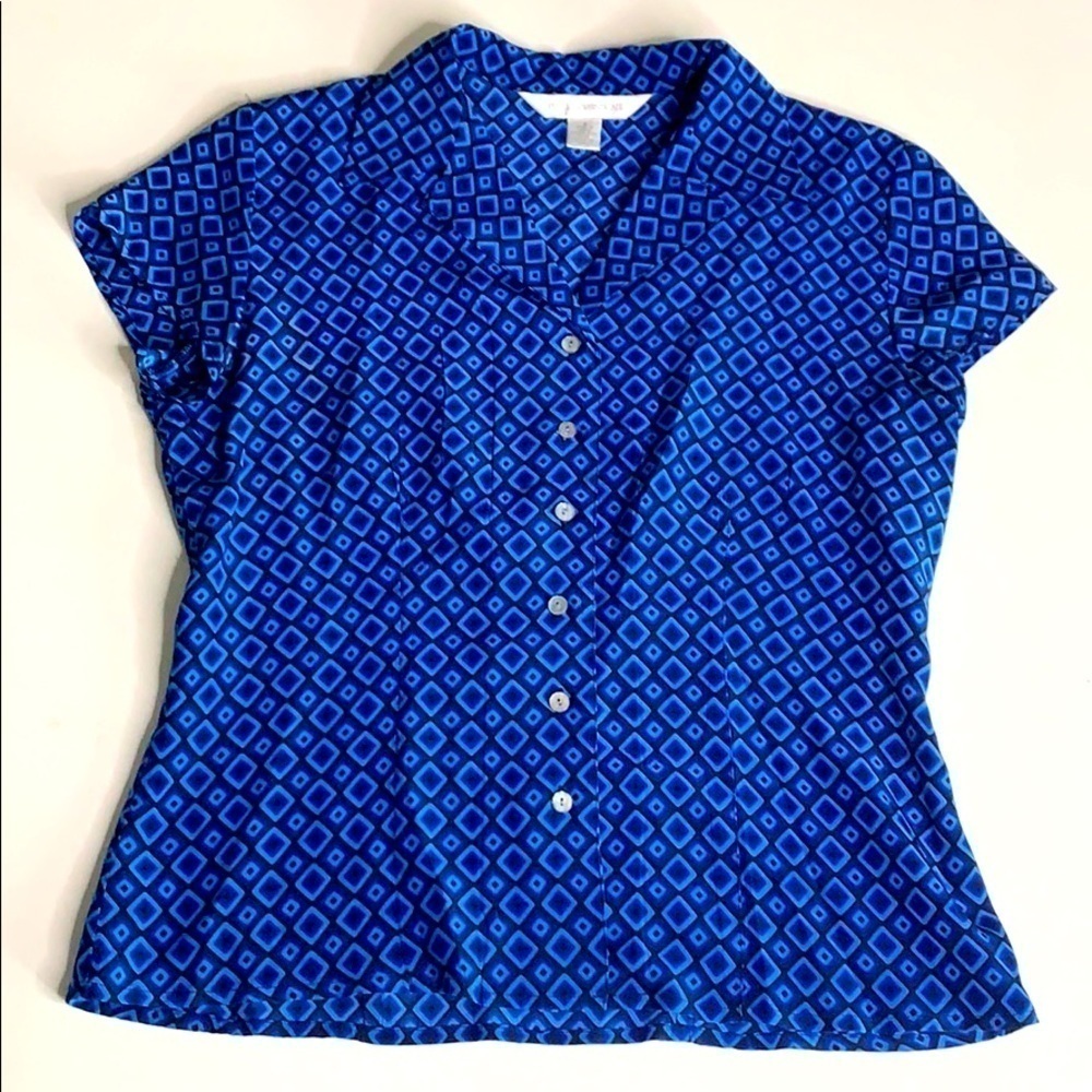 Petite Sophisticate Silk V Neck button down blouse blue aop print